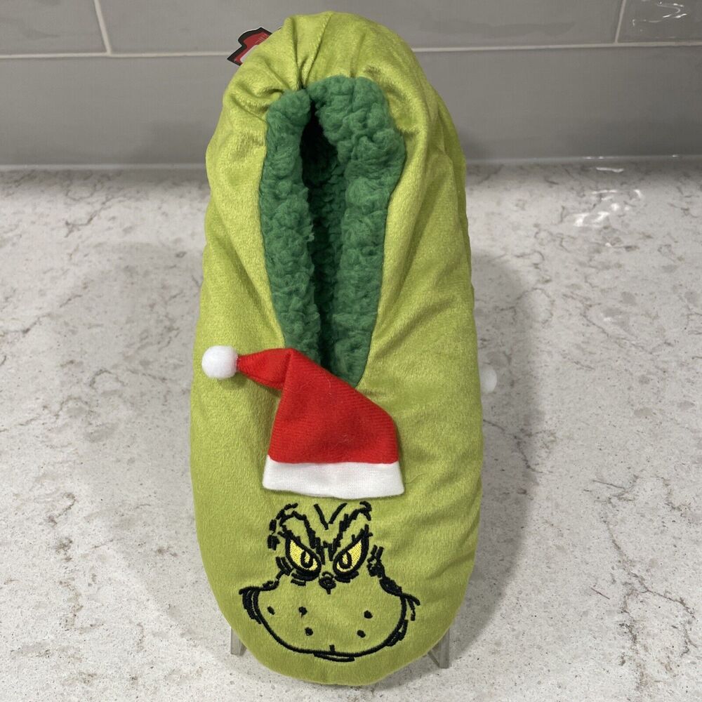 Grinch Slipper Socks Womens LARGE / XL Sherpa Lined Santa Hat Christmas NEW